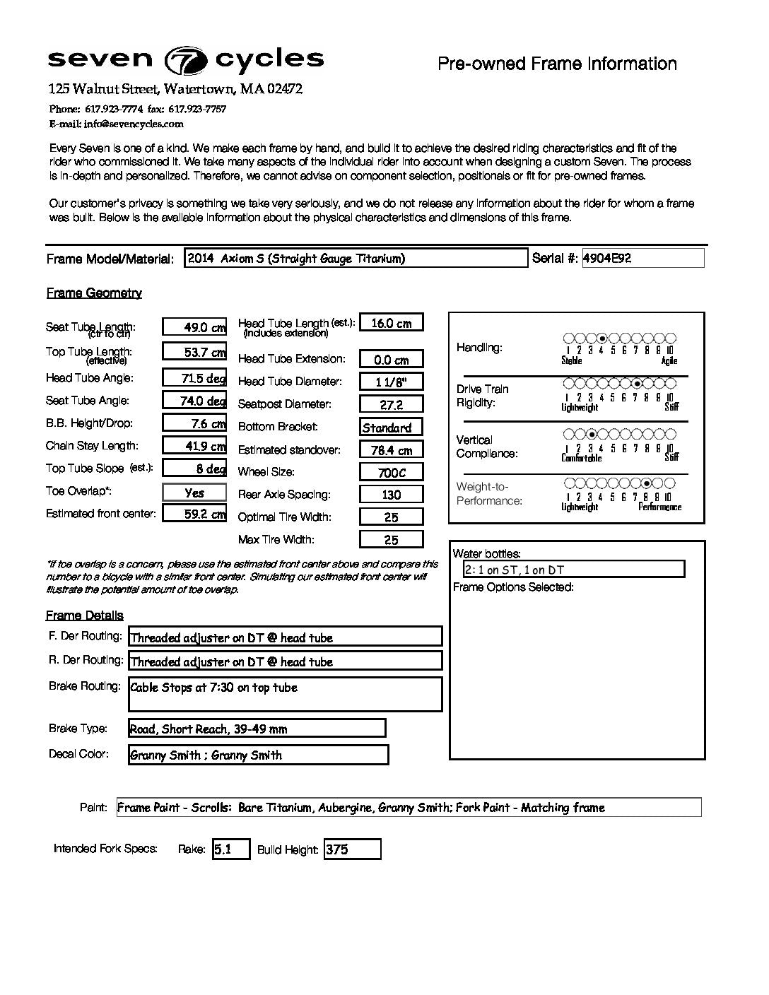 2014 Seven Cycles Axiom S Road Bike - 53cm