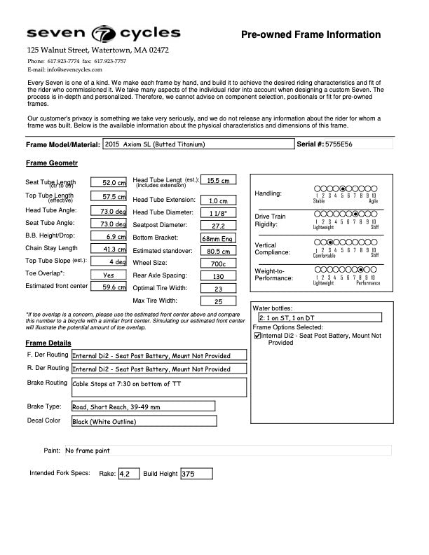 Bicicleta de carretera Seven Cycles Axiom SL 2015: 56 cm